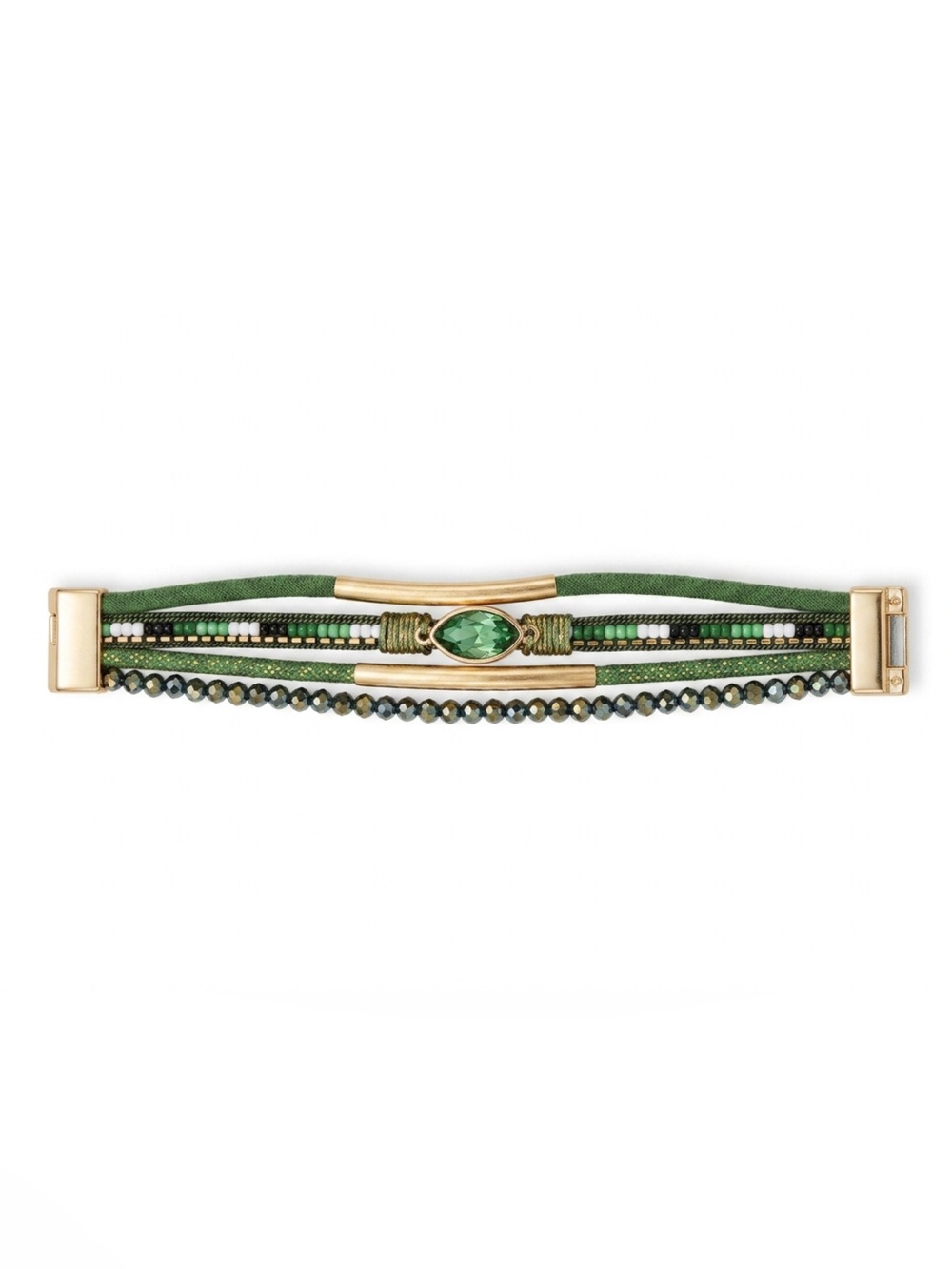 NEW Green Multi-Row Gem & Bead Bracelet Stack Magnetic Clasp Green & Gold Tone - Picture 3 of 3